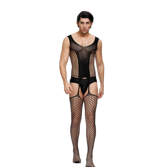 Man Black Fishnet Suspender Bodystocking