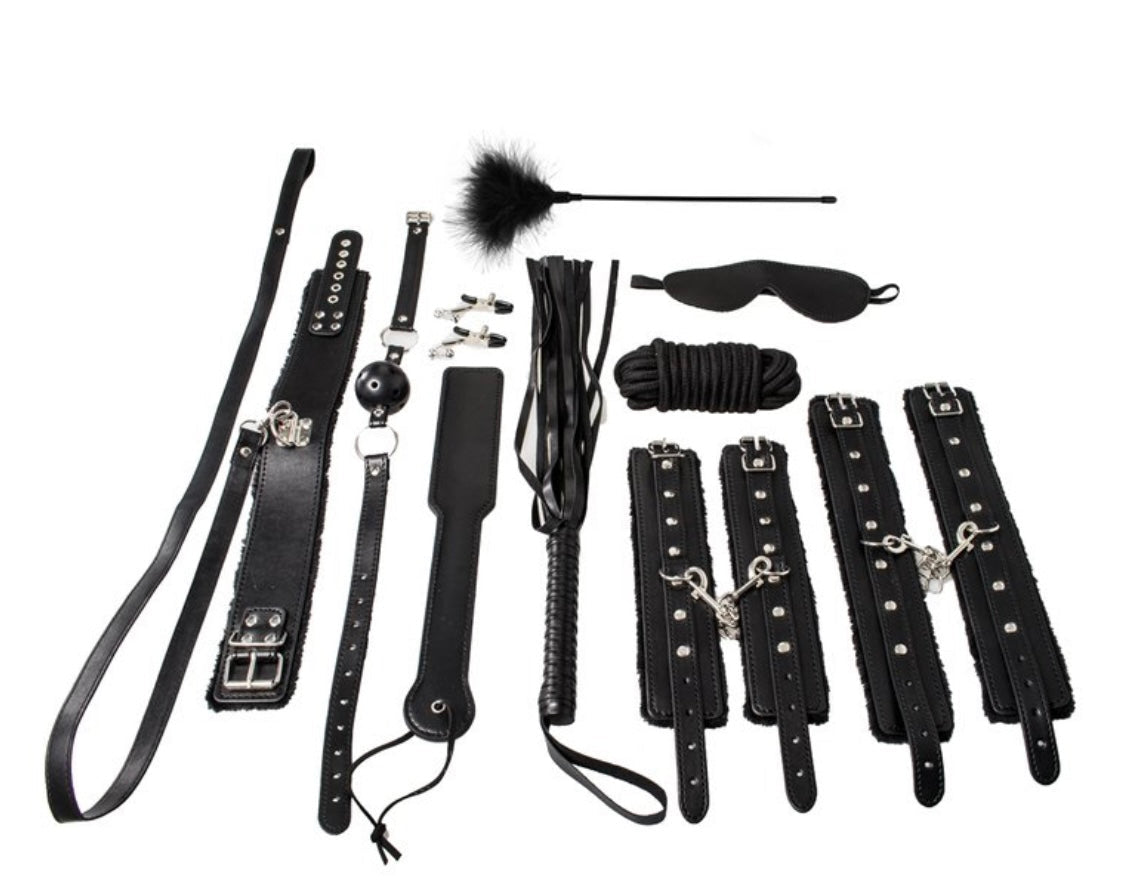 Black Faux Leather Furry 10 Piece Bondage Set